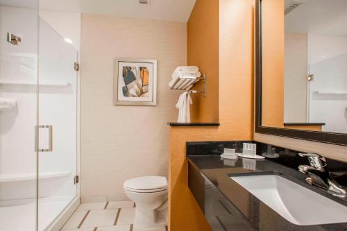 een badkamer met een wastafel, een toilet en een spiegel bij Fairfield Inn & Suites by Marriott Waterloo Cedar Falls in Waterloo