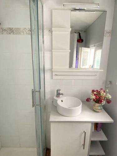 une salle de bain blanche avec un lavabo et un miroir dans l'établissement Charmante maisonnette proche plage et commerces, à Blonville-sur-Mer