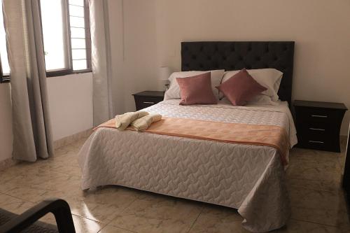 een slaapkamer met een groot bed met roze kussens bij ALOJAMIENTO CON PARQUEO CERCA A LA BASÍLICA in Buga