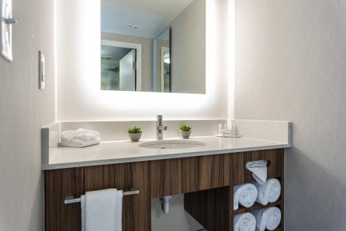 a bathroom with a sink and a mirror and towels at SpringHill Suites by Marriott Austin The Domain Area in Austin
