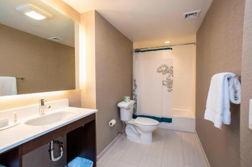 a bathroom with a sink and a toilet and a shower at Residence Inn by Marriott The Bronx at Metro Center Atrium in Bronx