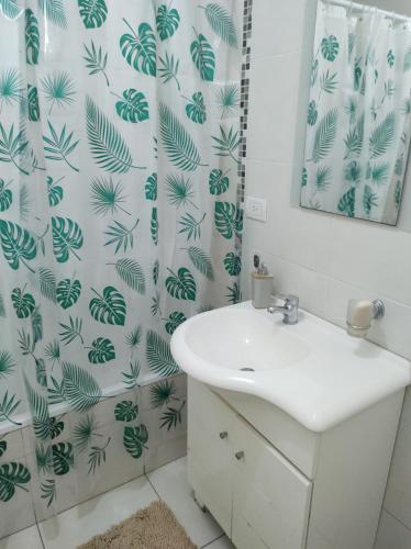 a bathroom with a sink and a shower curtain at Depto Directorio in Buenos Aires