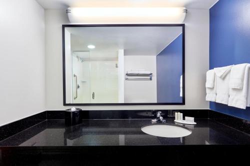Fairfield Inn Suites Indianapolis Downtown في انديانابوليس: حمام مع حوض ومرآة كبيرة