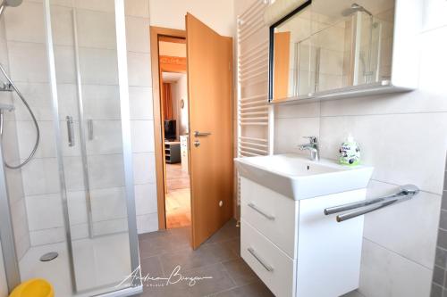 ein Bad mit einem Waschbecken und einer Dusche in der Unterkunft Haus Bünzow 1 in Borkum