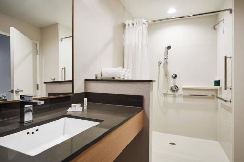 ein Badezimmer mit einem weißen Waschbecken und einer Dusche in der Unterkunft Fairfield Inn & Suites by Marriott Kansas City Belton in Belton