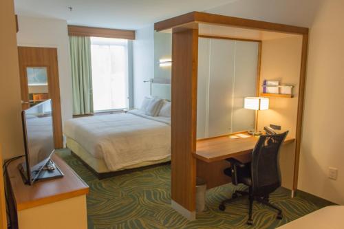 a hotel room with a bed and a desk and a mirror at SpringHill Suites by Marriott Sumter in Sumter
