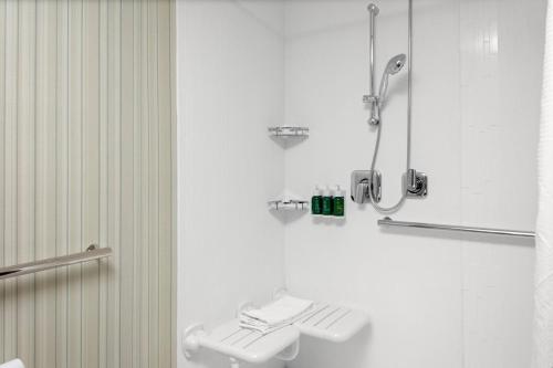 a white bathroom with a shower and a sink at Courtyard by Marriott East Lansing Okemos in Okemos