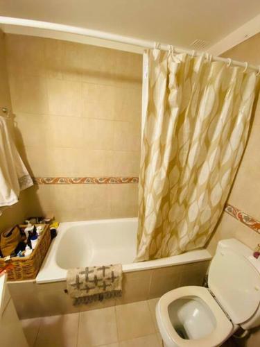 y baño con bañera, aseo y ducha. en Hermoso apartamento en Palermo - La Rural en Buenos Aires