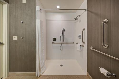 baño con ducha y puerta de cristal en Courtyard by Marriott Kansas City Downtown/Convention Center en Kansas City