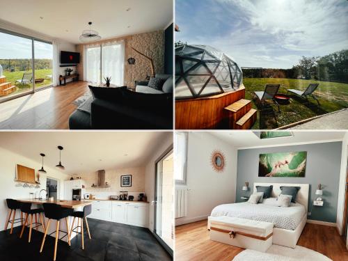 a collage of pictures of a bedroom and a living room at Maison au calme à 5min de Cognac pour 1 à 8 pers in Richemont