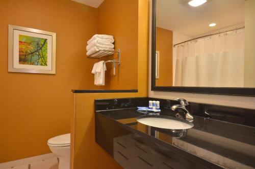 ein Badezimmer mit einem Waschbecken, einem WC und einem Spiegel in der Unterkunft Fairfield Inn & Suites by Marriott St. Louis Pontoon Beach/Granite City, IL in Collinsville