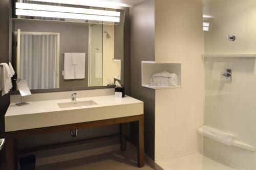 a bathroom with a sink and a mirror at Courtyard by Marriott Youngstown Canfield in Canfield