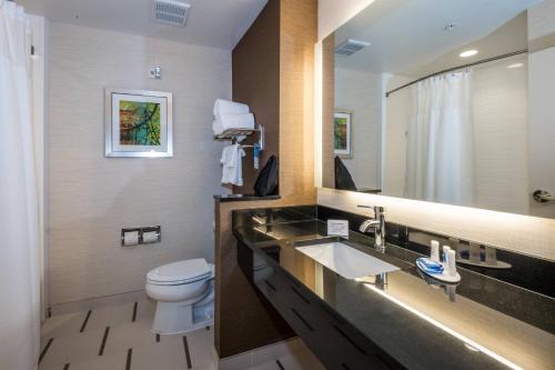 a bathroom with a sink and a toilet and a mirror at Fairfield Inn & Suites by Marriott Meridian in Meridian