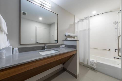 a bathroom with a sink and a shower and a mirror at Fairfield Inn & Suites by Marriott Salmon Arm in Salmon Arm