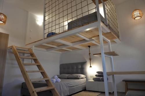 a bedroom with a bunk bed and a ladder at Κατοικία Uppolis με θέα τα νησιά in Ano Syros