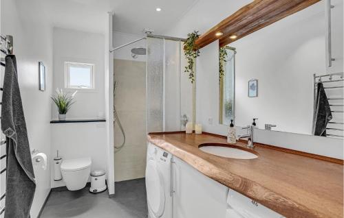 uma casa de banho com um lavatório, um WC e um espelho. em 3 Bedroom Amazing Home In Kirke Hyllinge em Kirke-Hyllinge