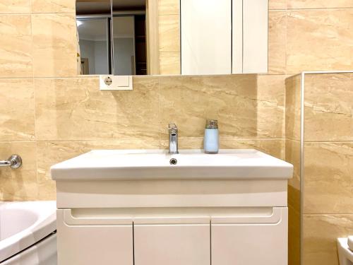 ein Badezimmer mit einem weißen Waschbecken und einem Spiegel in der Unterkunft 2-кімн Сучасні апартаменти у центрі міста in Poltawa