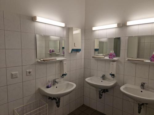 a bathroom with two sinks and two mirrors at Schloss Rothenklempenow in Rothenklempenow