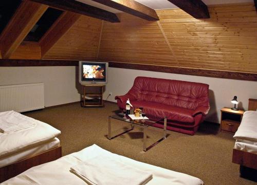 a living room with a red couch and a tv at Noclegi Helvet in Ustrzyki Dolne