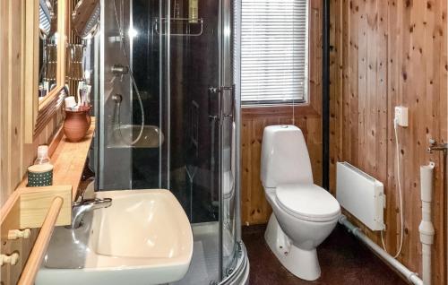 a bathroom with a toilet and a shower and a sink at 3 Bedroom Cozy Home In Rros in Røros