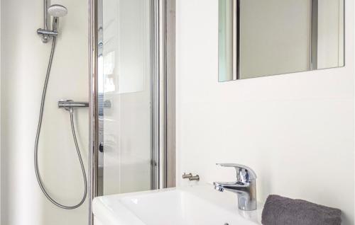 een badkamer met een douche, een wastafel en een spiegel bij Beautiful Ship-boat In Nieuwpoort With Wifi And 1 Bedrooms in Nieuwpoort