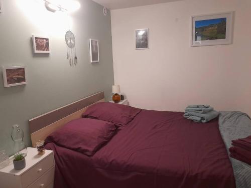 1 dormitorio con 1 cama con edredón morado en Calme et simplicité, en Chelles