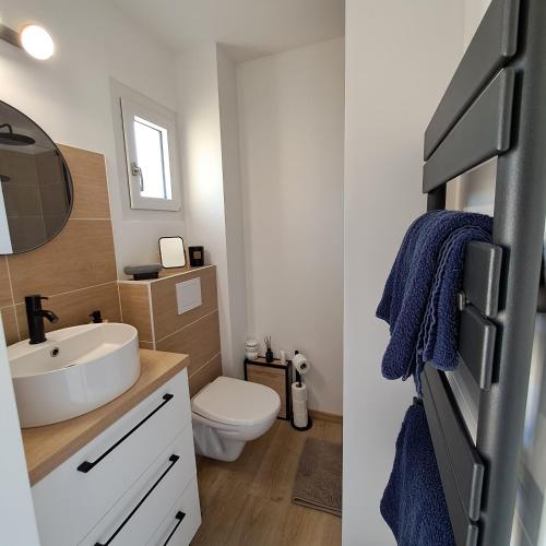 une salle de bain avec un lavabo et des toilettes dans l'établissement Studio climatisé cosy avec grande piscine chauffée, au Cap d'Agde