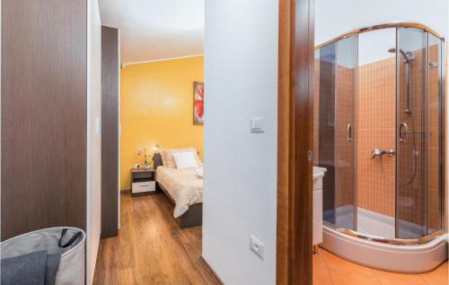 een badkamer met een douche en een bed in een kamer bij Lovely Home In Sv,kirin With Kitchen in Juršići