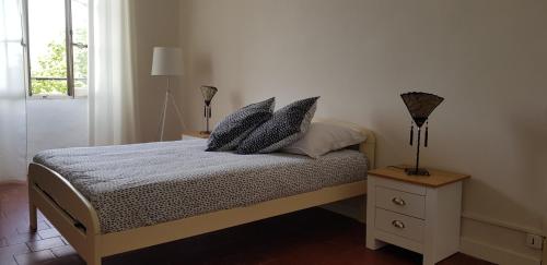 ein Schlafzimmer mit einem Bett mit zwei Kissen darauf in der Unterkunft Chez Albert et Karine in Sauve