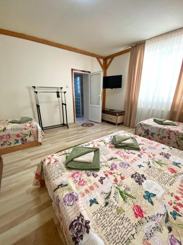 a bedroom with two beds with a bedspread on it at Villa “Eleon” in Velyka Bihanʼ