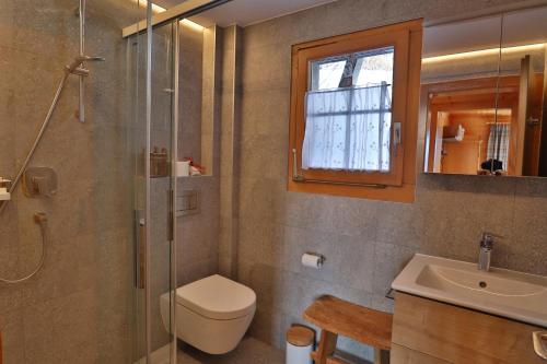 a bathroom with a toilet and a sink and a shower at Am Bühl OG in Bettmeralp