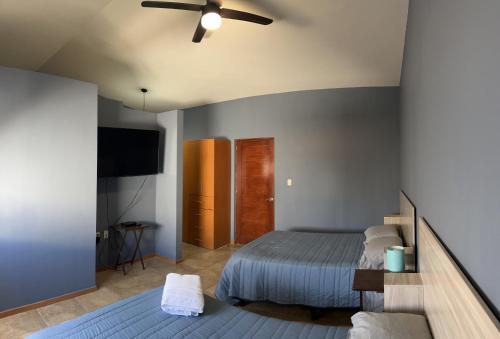 a bedroom with a bed and a ceiling fan at Azul, Juriquilla Santa FE in Jurica