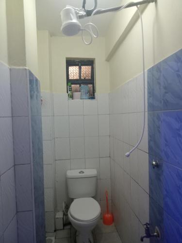 a bathroom with a toilet and a window and a shower at MASONKO Luxury Homes - Kakamega in Kakamega