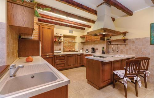 a large kitchen with wooden cabinets and a sink at Awesome Home In Visnjan With Jacuzzi in Višnjan