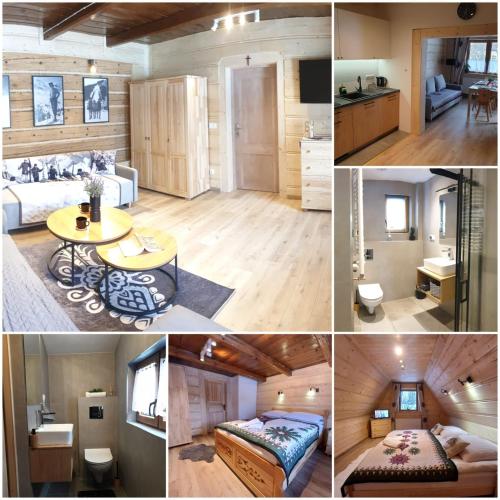 a collage of four pictures of a room at Domeczek Góralski Zakopane in Zakopane