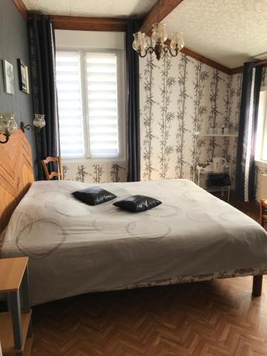 a bedroom with a large bed with two pillows on it at Une nuit près de l eau in Hallines
