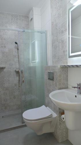 a bathroom with a shower and a toilet and a sink at Pokoje gościnne Przystań in Dębki