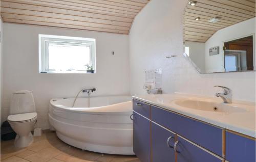 a bathroom with a tub and a sink and a mirror at Pet Friendly Home In Ebeltoft With House Sea View in Femmøller