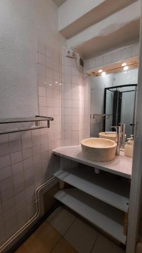 y baño con lavabo y espejo. en PROMO 17-20 mai Toulouse 15 mn app refait à neuf RDC 2 personnes Lit 140, en Montastruc-la-Conseillère