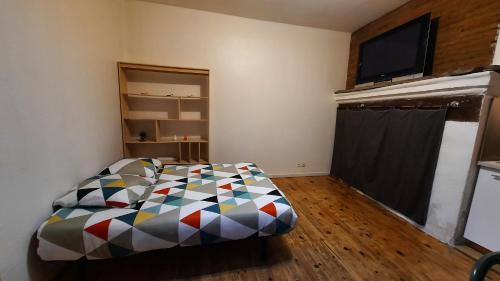 1 dormitorio con 1 cama y TV en la pared en PROMO 17-20 mai Toulouse 15 mn app refait à neuf RDC 2 personnes Lit 140, en Montastruc-la-Conseillère