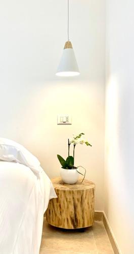 a potted plant on a wooden table next to a bed at Suite Claudia in Sirmione