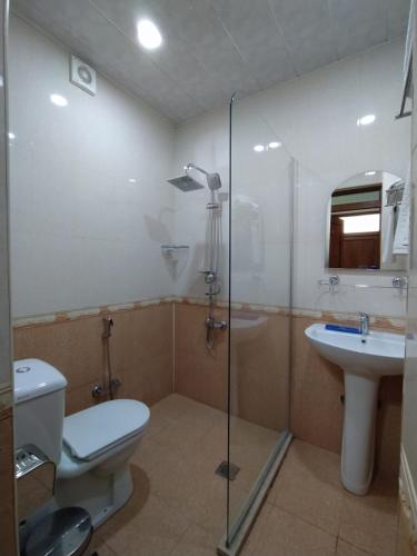 a bathroom with a shower and a toilet and a sink at Qusar Qala Hotel in Qusar