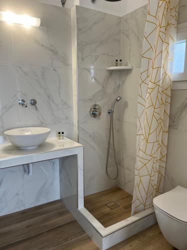 a bathroom with a shower and a sink and a toilet at Firaxenia rooms in Fira