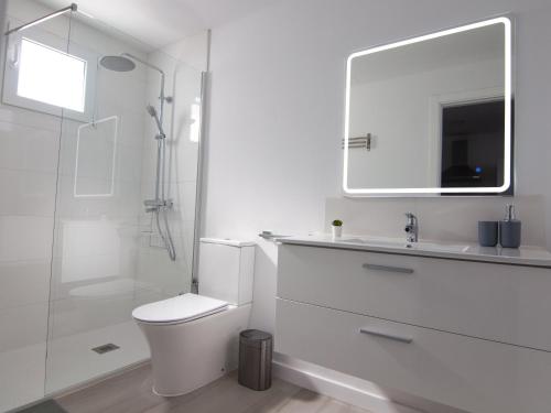 a bathroom with a toilet and a sink and a mirror at BUNGALOW CAMPO DE GOLF in San Bartolomé de Tirajana