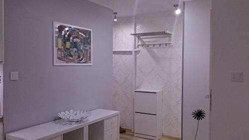 カトヴィツェにある1 Bedroom City Center Apartmentの白いキャビネット付きのバスルーム、壁に絵画