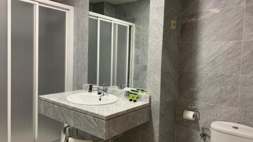 a bathroom with a sink and a toilet at Hotel Posta Real in Sigüenza