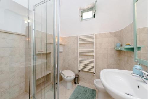 uma casa de banho com um lavatório, um WC e um chuveiro em Beautiful Trullo Paleo in Ceglie Messapica em Ceglie Messapica
