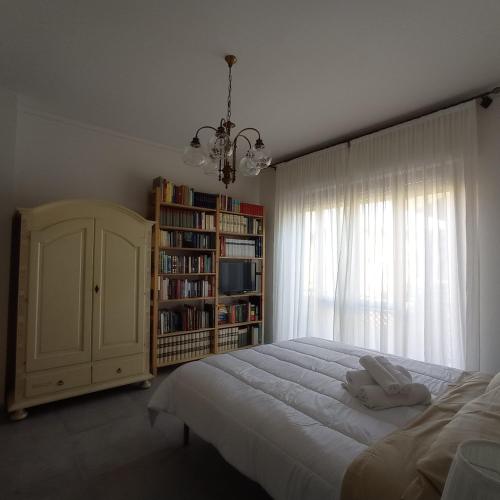 ein Schlafzimmer mit einem großen Bett und einem Bücherregal in der Unterkunft Casa Minù in Viareggio