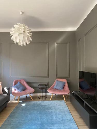 ローマにあるTrastevere Design Apartmentのリビングルーム(ピンクの椅子、ブルーのラグ付)