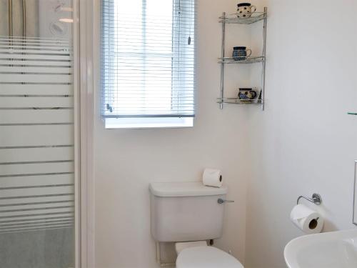 a bathroom with a toilet and a sink and a window at Homewood in Alnwick